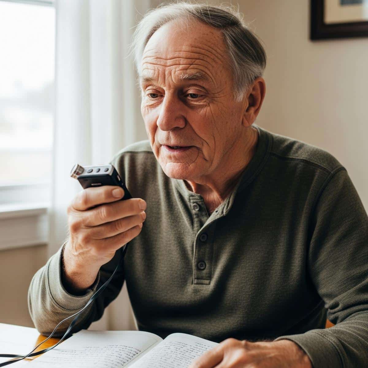 Older woman in cardigan writing in an open journal at a kitchen table, waist-up centered view with pen and journal visible
