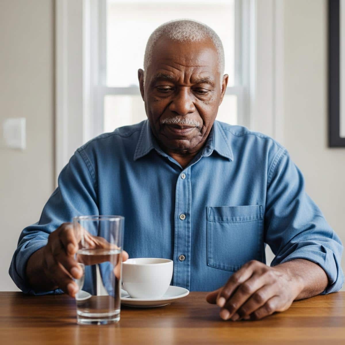 Older man placing a full glass of water beside his coffee cup at a kitchen table, waist-up centered view