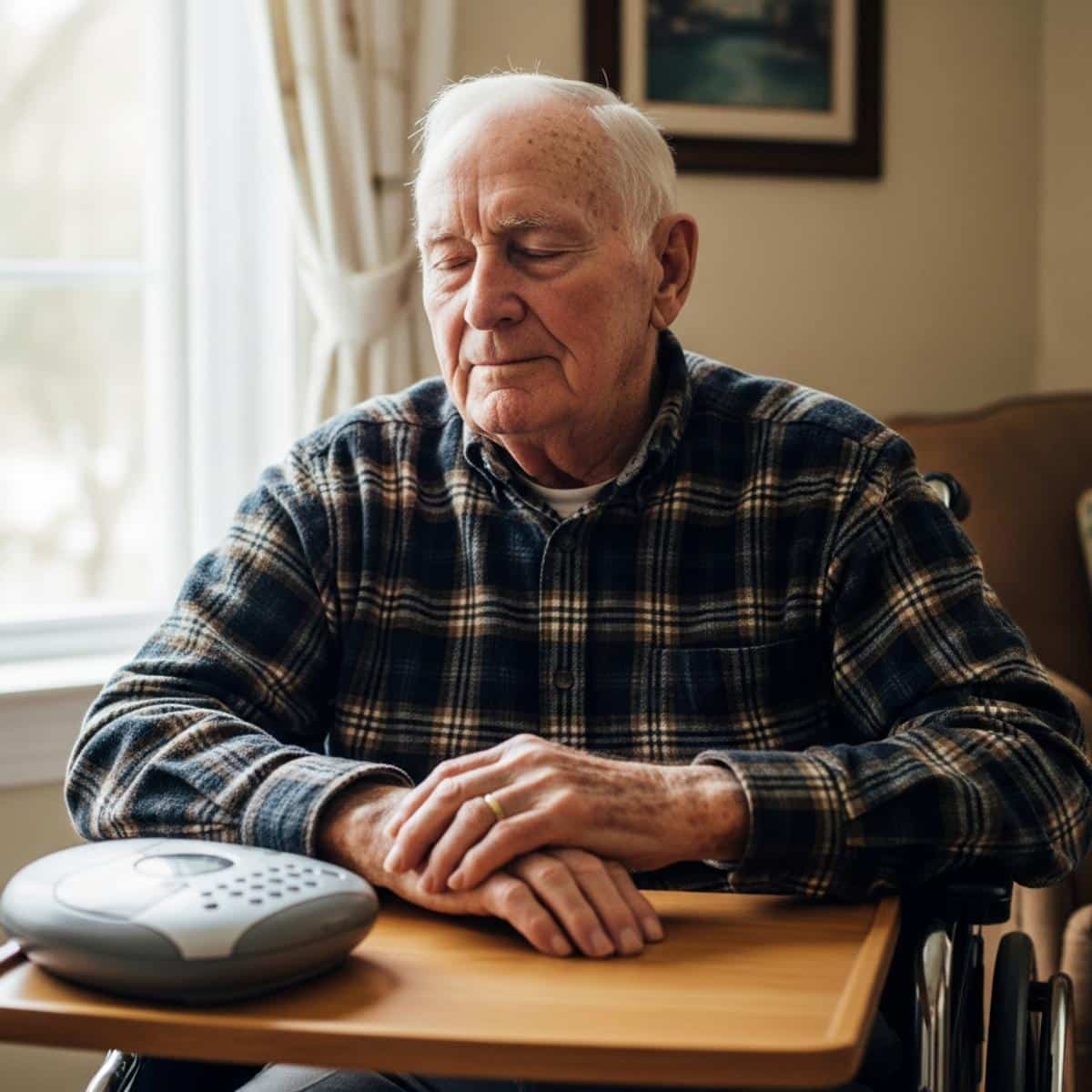 Older man in a wheelchair seated near a window listening to a CD player on a tray table with eyes closed, three-quarter centered view