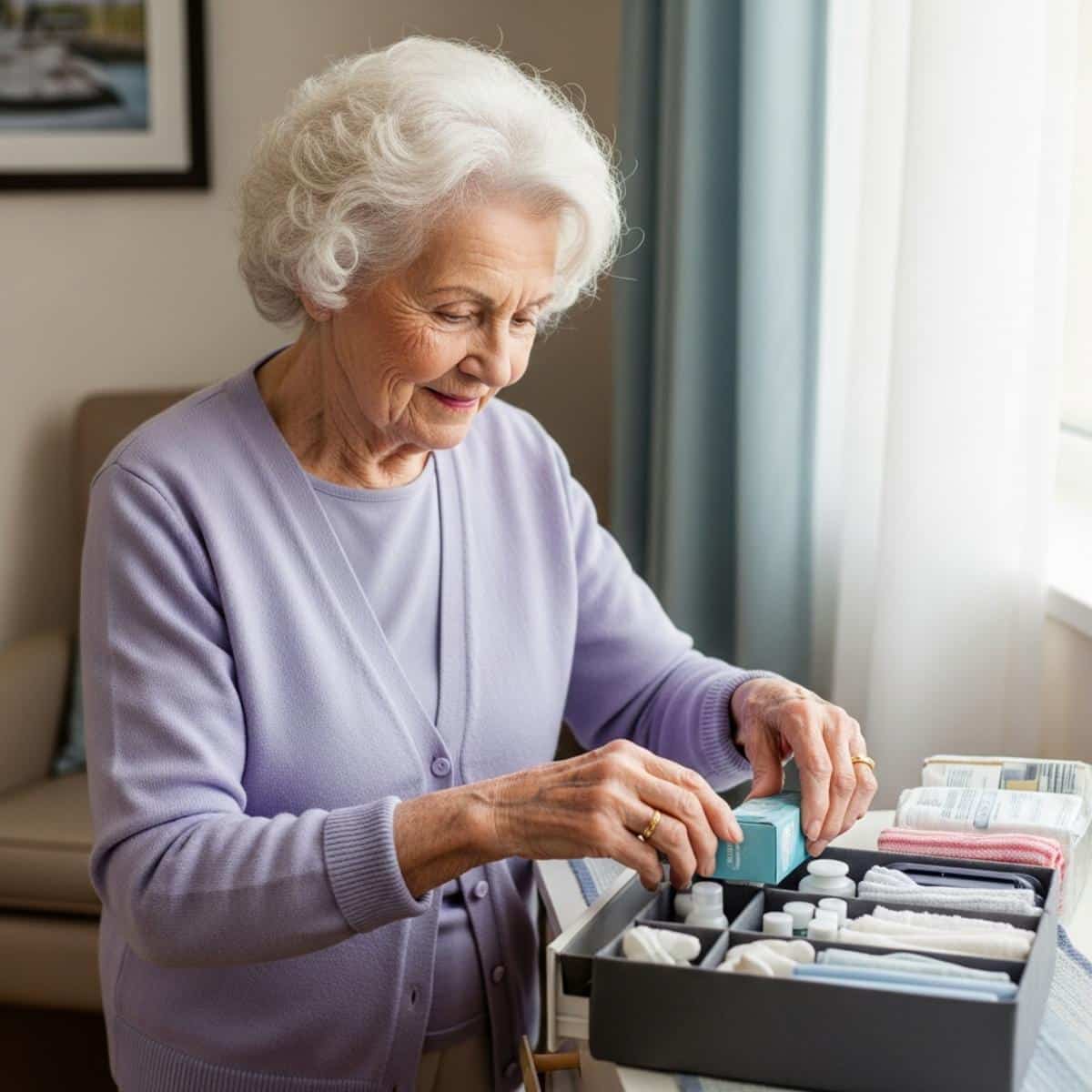 Older woman with white curly hair arranging a drawer organizer on a dresser in an assisted living room, waist-up centered view