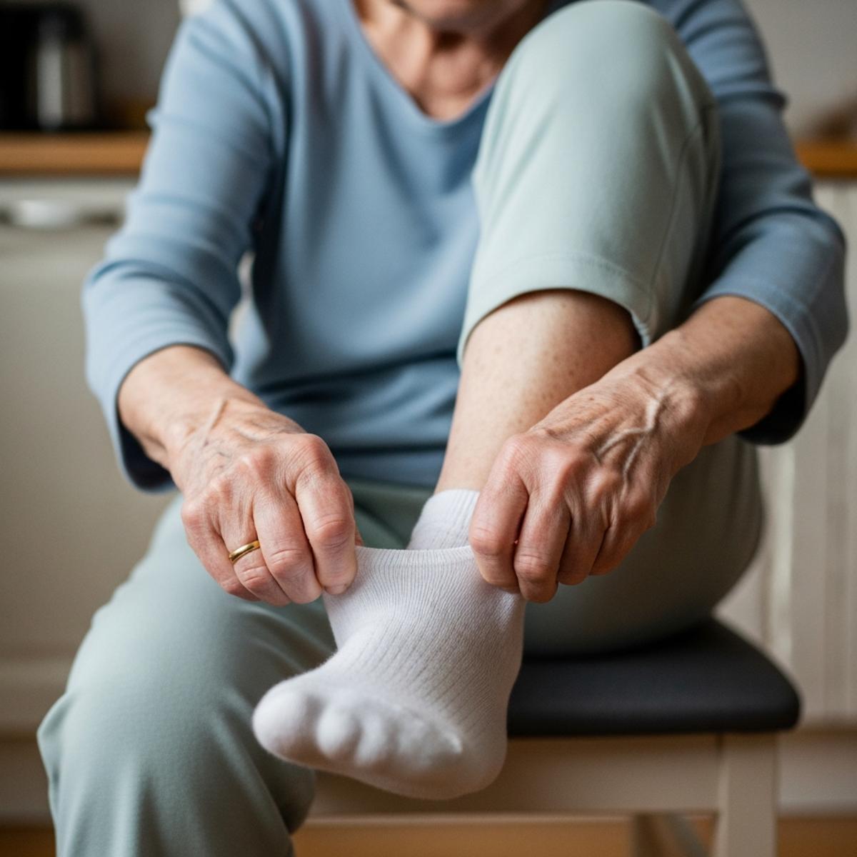 Older woman in grip socks and robe pausing on a hardwood kitchen floor in morning light, full-body centered view