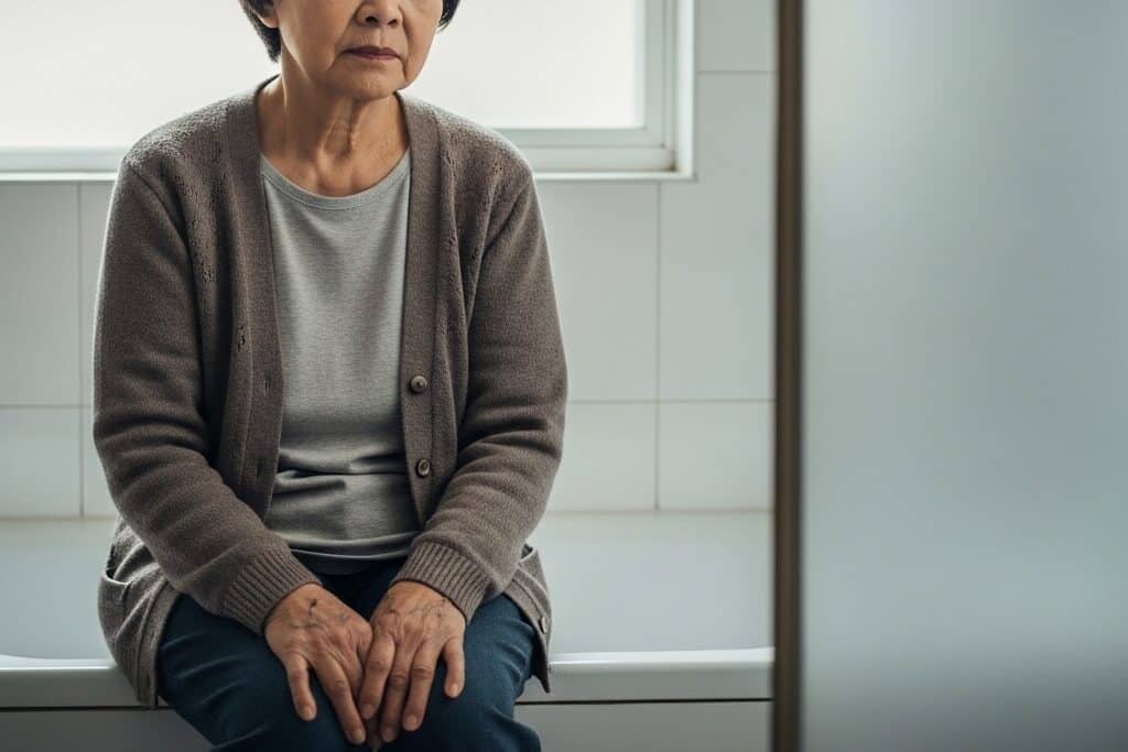 Older woman sitting on bathtub edge looking uncertain and contemplative, waist-up centered view
