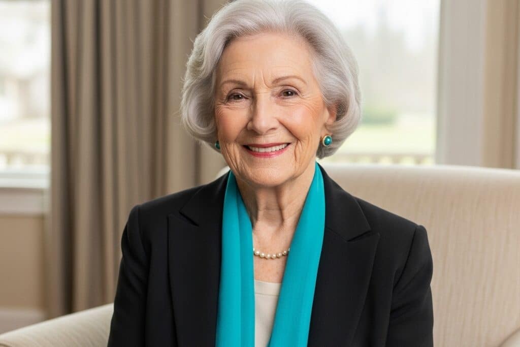 Older woman with gray hair wearing black blazer and turquoise scarf seated in living room, three-quarter centered view