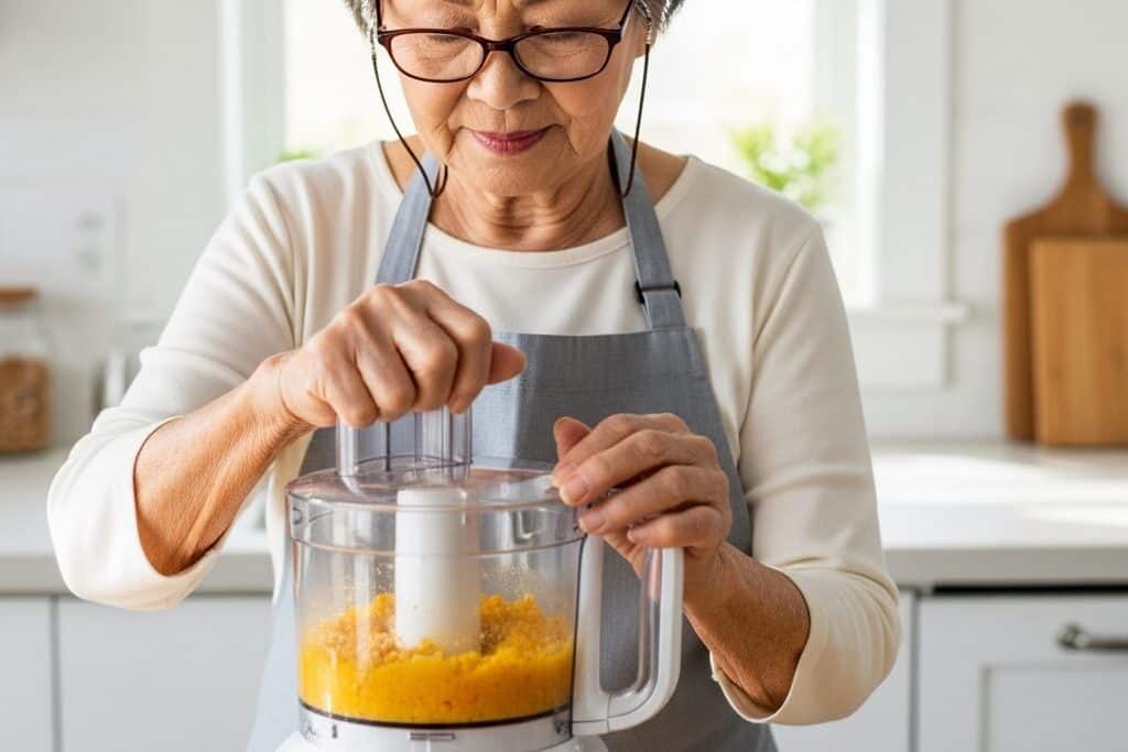 Older woman with glasses blending food in processor at kitchen counter, centered waist-up view