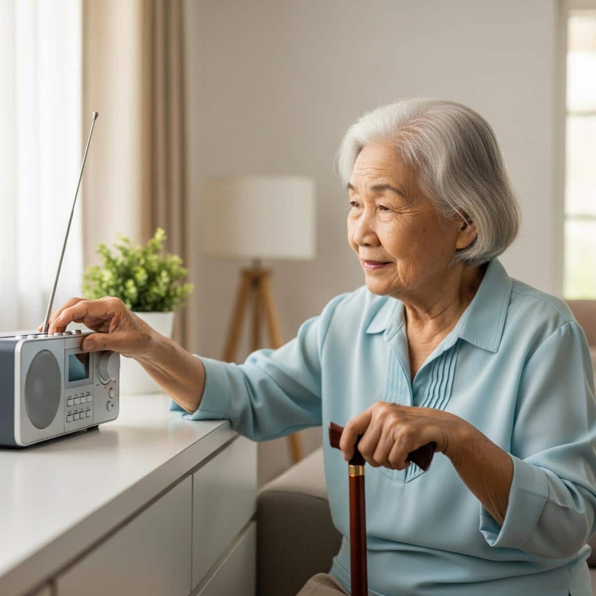 Older woman with a cane adjusting the volume knob on a countertop radio in a living room, three-quarter centered view