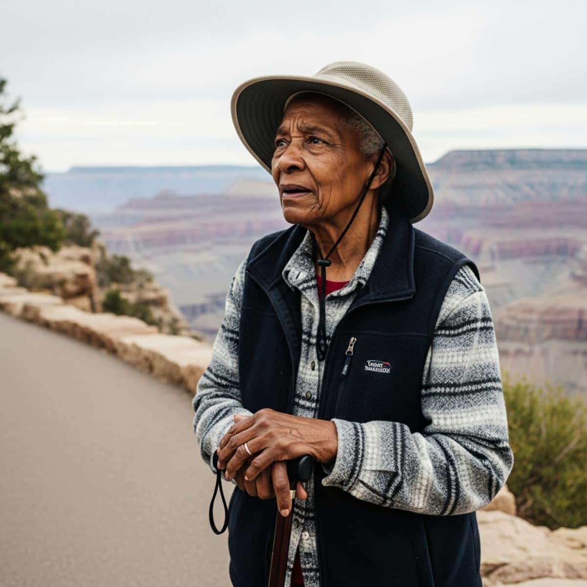Older woman with walking cane standing at a paved canyon overlook, gazing at the view in a wide-brim hat and layered clothing, three-quarter centered view