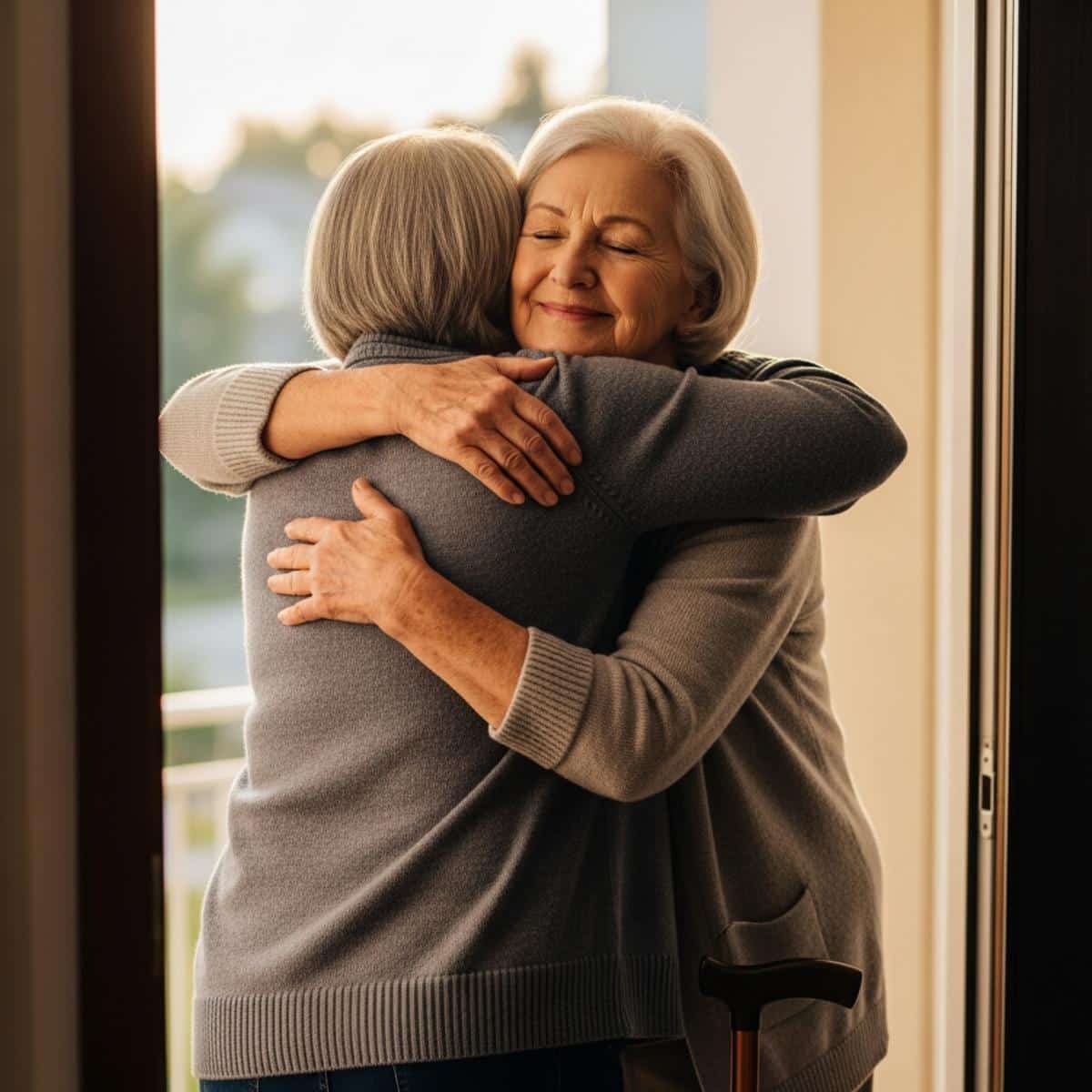 Older woman with cane hugging family member at her doorway with peaceful smile and closed eyes, full-body centered view