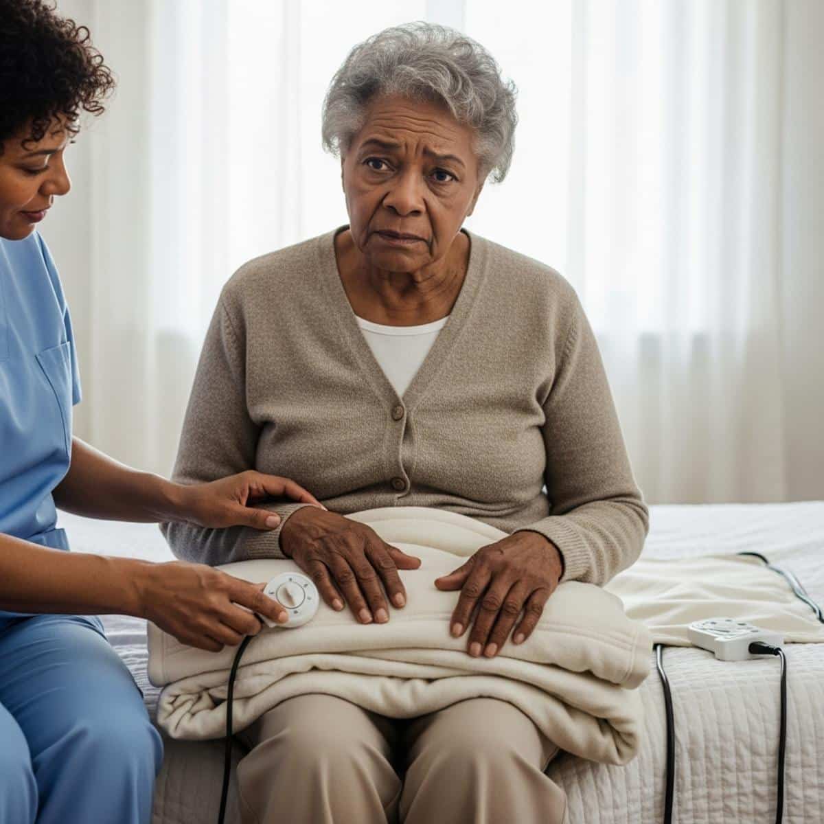 Older woman sitting on bed edge with electric blanket on lap while caregiver adjusts the control panel, waist-up centered view