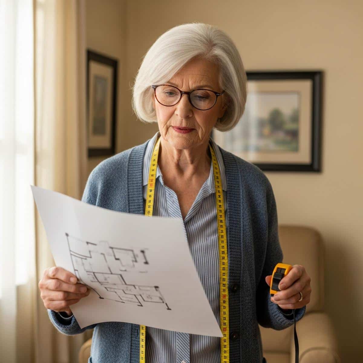 Older woman with reading glasses holding measuring tape and floor plan inside a small sunlit room, waist-up centered view