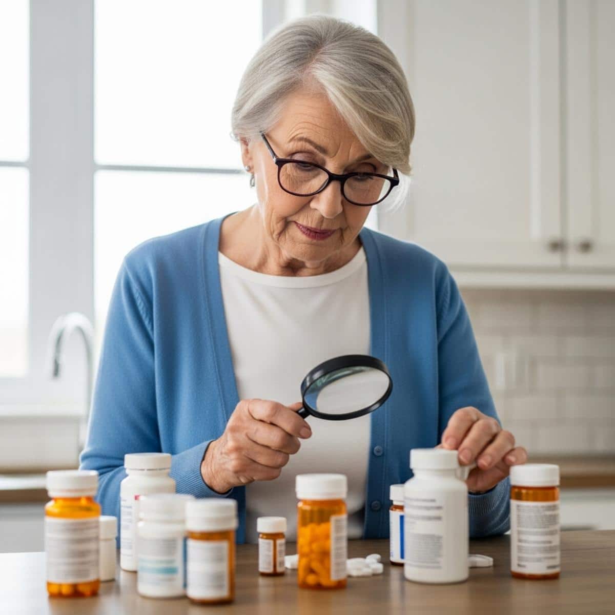 Older woman with magnifier organizing medication bottles on kitchen counter, waist-up centered view
