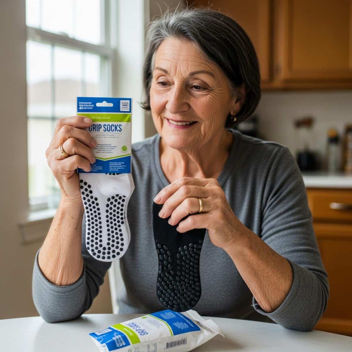 Older woman in grip socks and robe pausing on a hardwood kitchen floor in morning light, full-body centered view