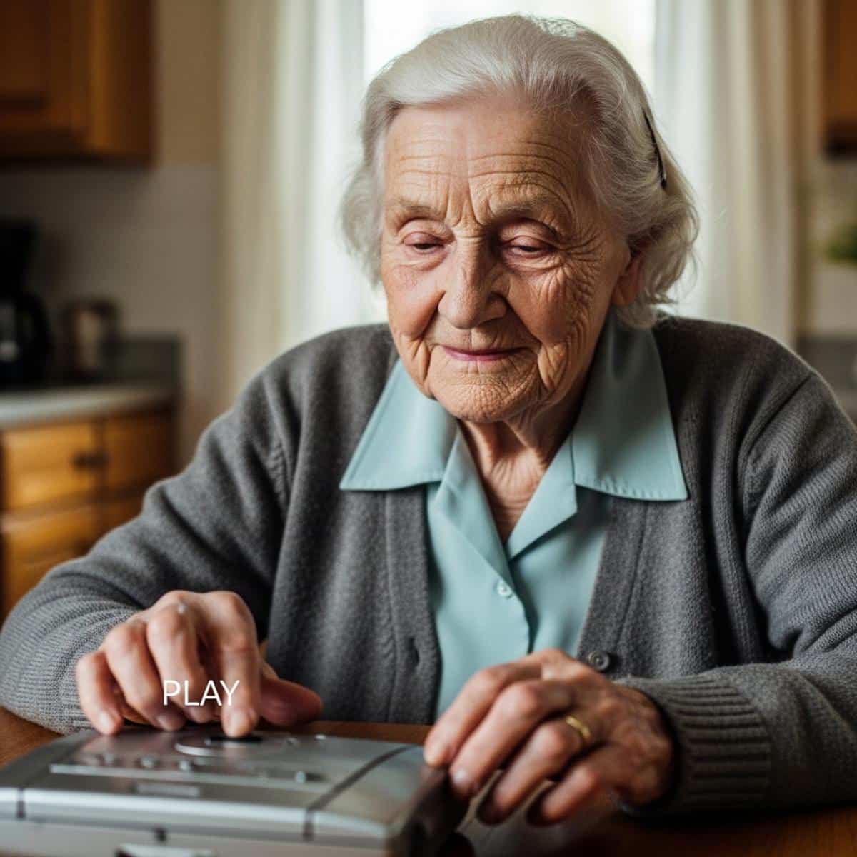Older woman in cardigan pressing the play button on a compact CD player at a kitchen table, waist-up centered view