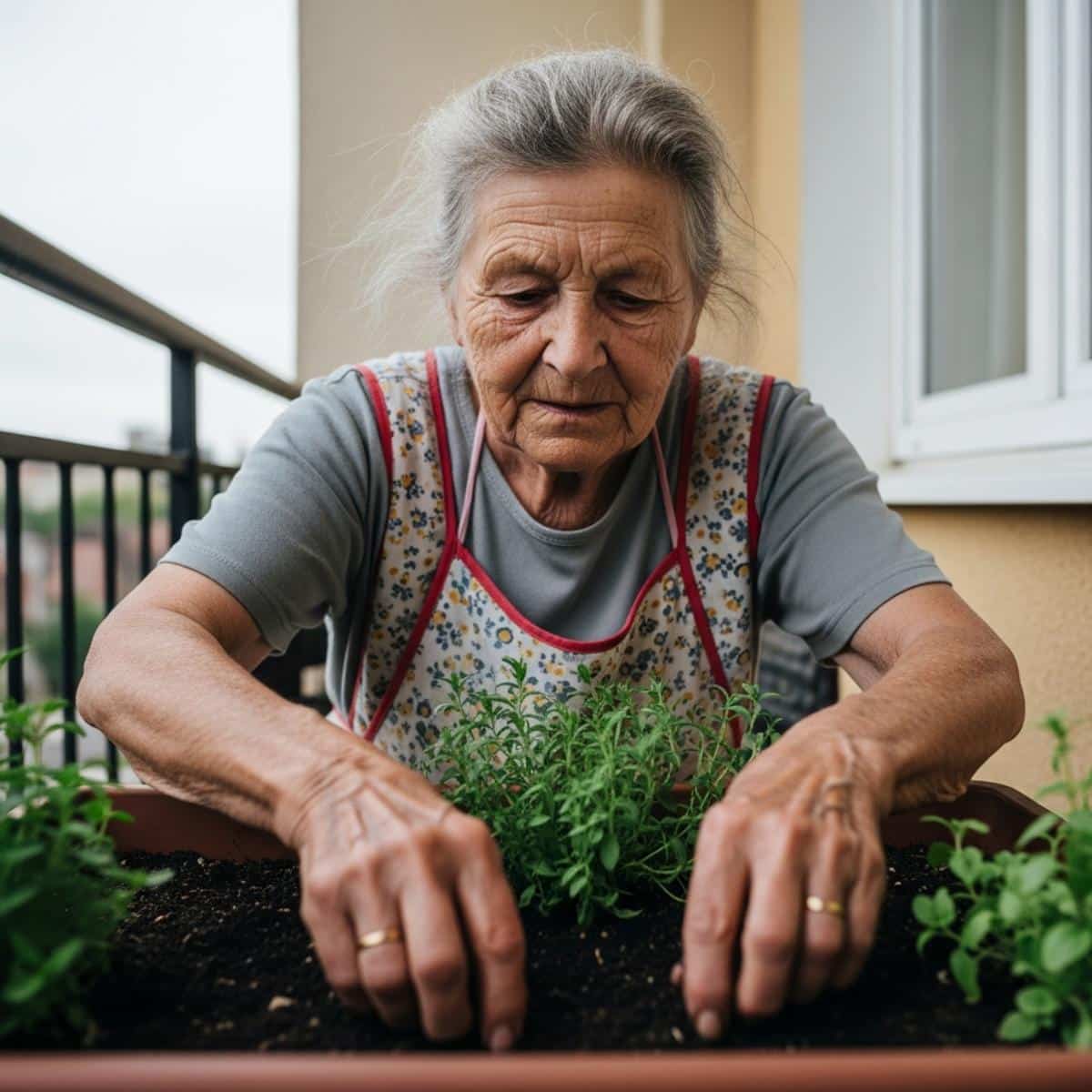 Older woman with natural white hair sitting on a porch bench with face tilted toward open sky, eyes gently closed, waist-up centered view