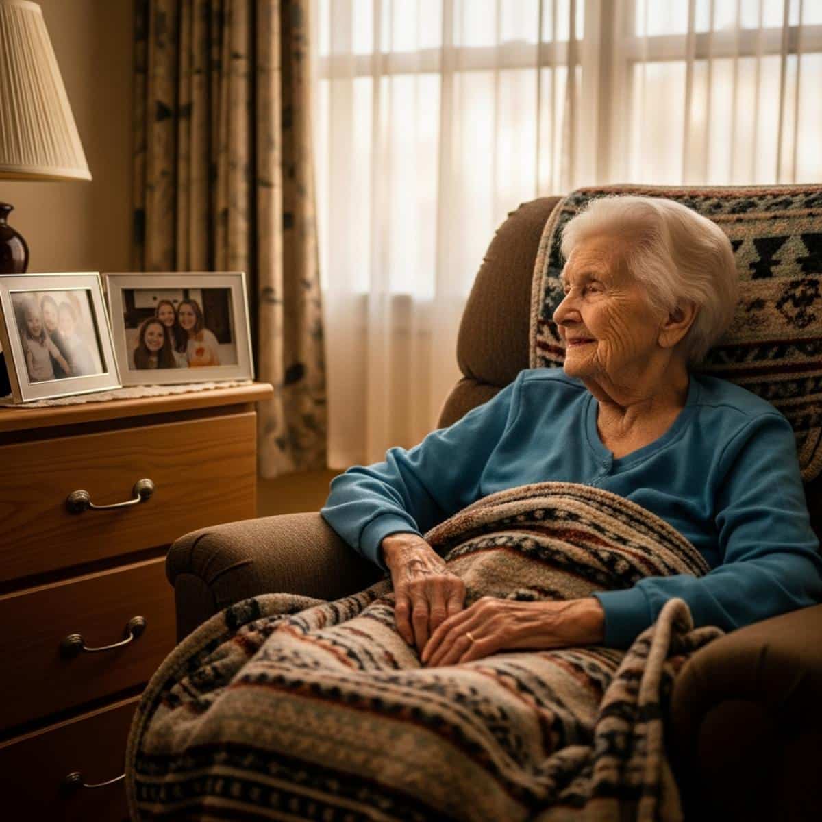 Older woman wrapped in a throw blanket in a recliner looking at a digital photo frame in an assisted living room, three-quarter centered view
