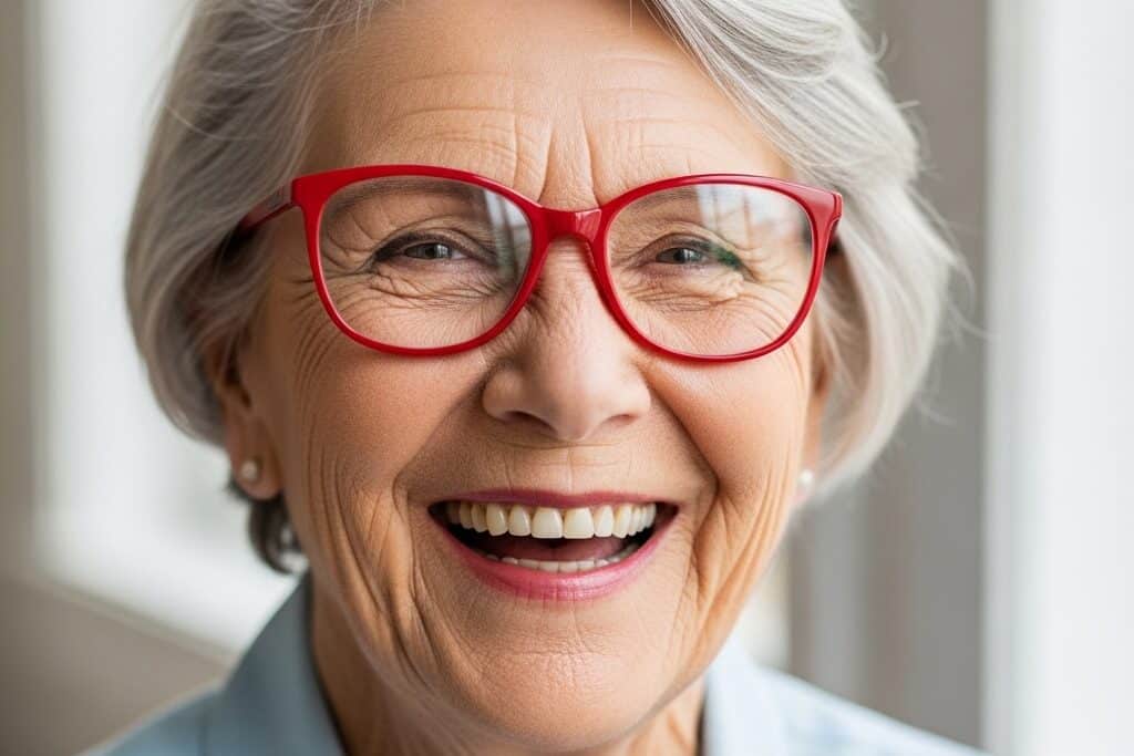 Older woman with gray hair wearing bright red eyeglasses, laughing expression, waist-up centered view
