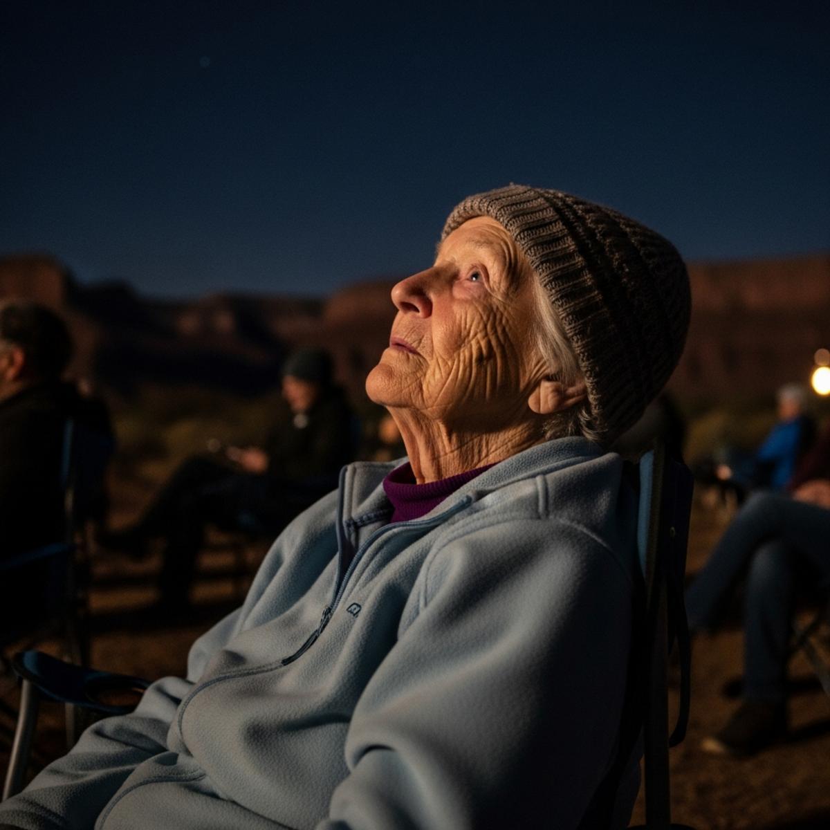Older woman with walking cane standing at a paved canyon overlook, gazing at the view in a wide-brim hat and layered clothing, three-quarter centered view