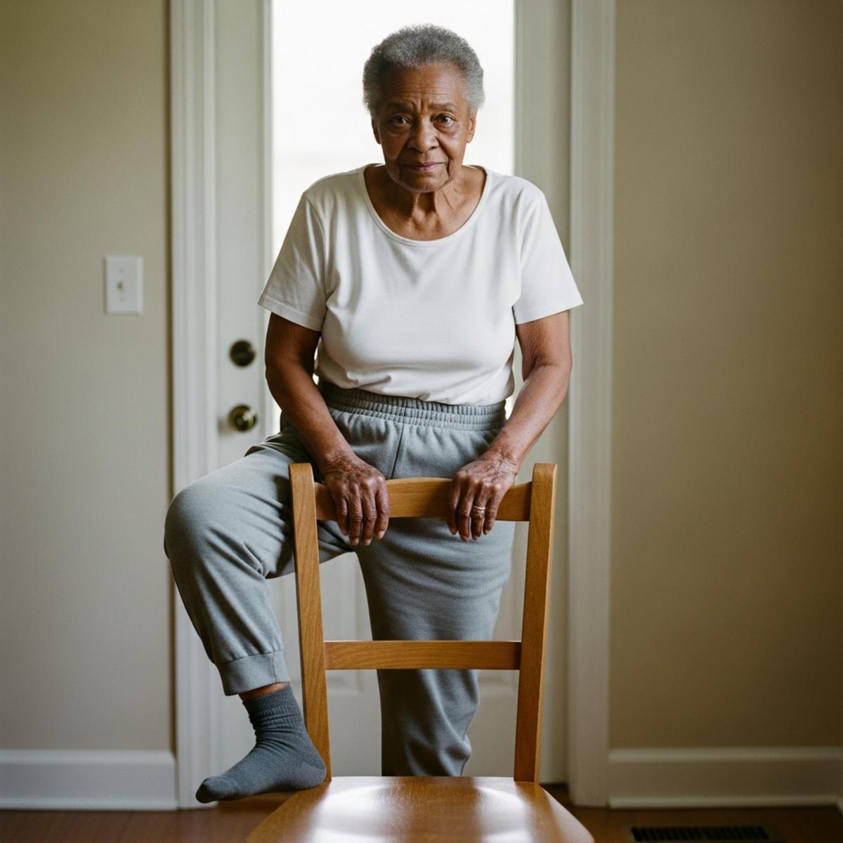 Older woman pausing mid-step and steadying herself on a sofa back in a sunlit living room, full-body centered view