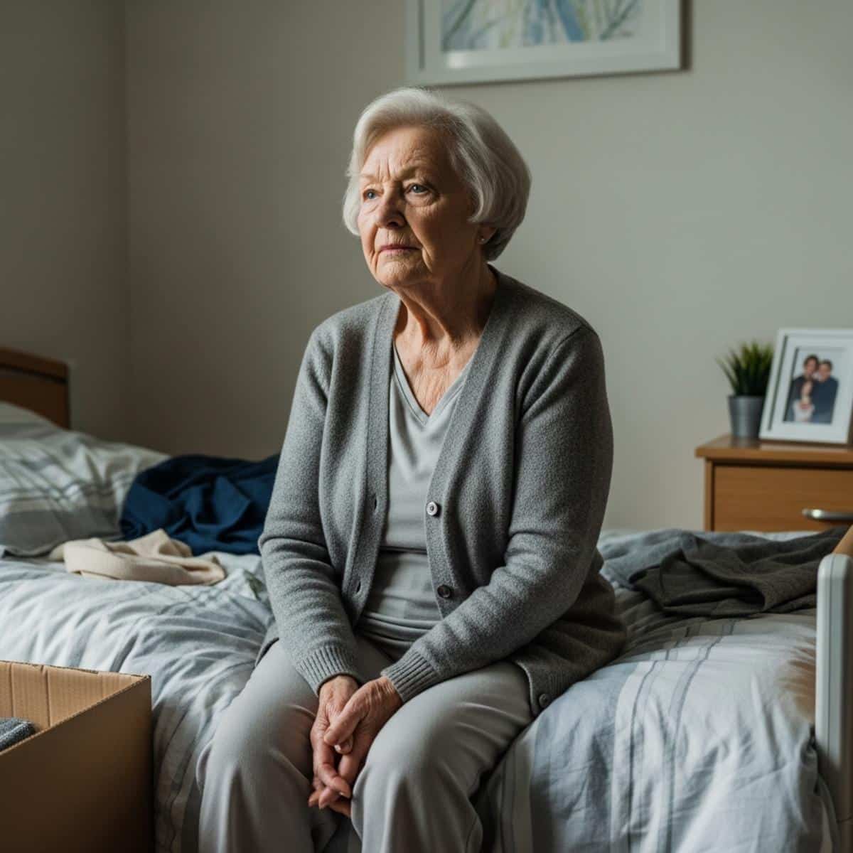 Older woman sitting on the edge of a bed in a new assisted living room surrounded by a few personal items, waist-up centered view