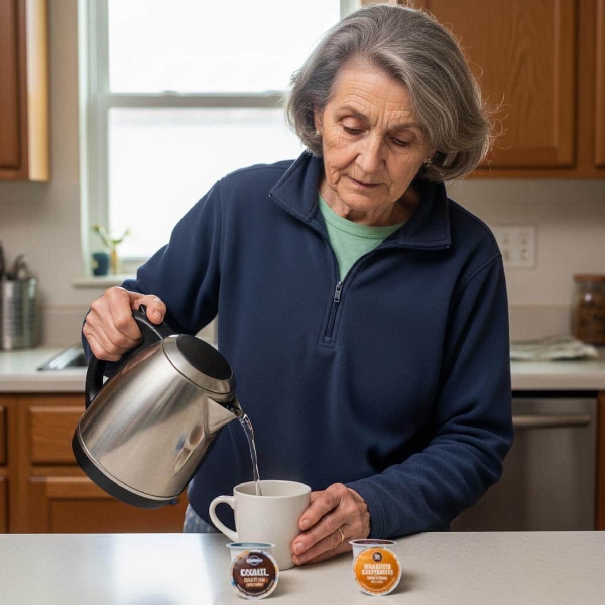 Older woman pouring hot water into a mug at a kitchen counter with coffee pods nearby, waist-up centered view