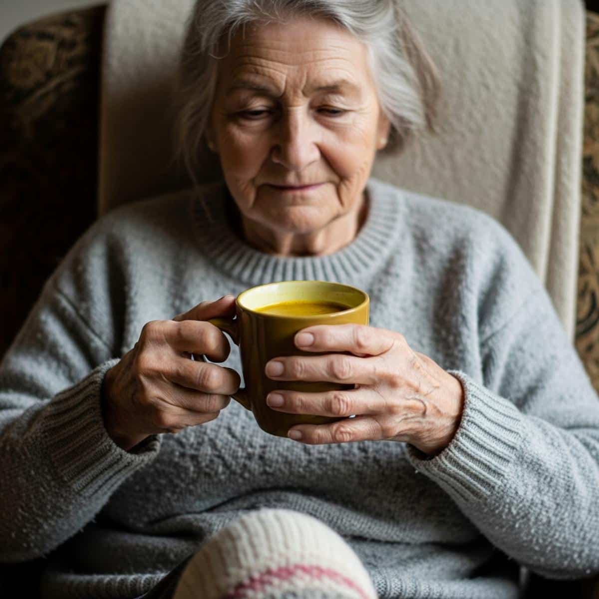 Older woman sitting in an armchair holding a warm mug of golden turmeric tea in both hands, waist-up centered view