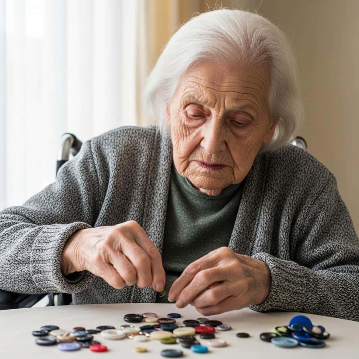 Older woman sitting at a kitchen table with an open coloring book and crayons in front of her, looking away with a distant expression, waist-up centered view