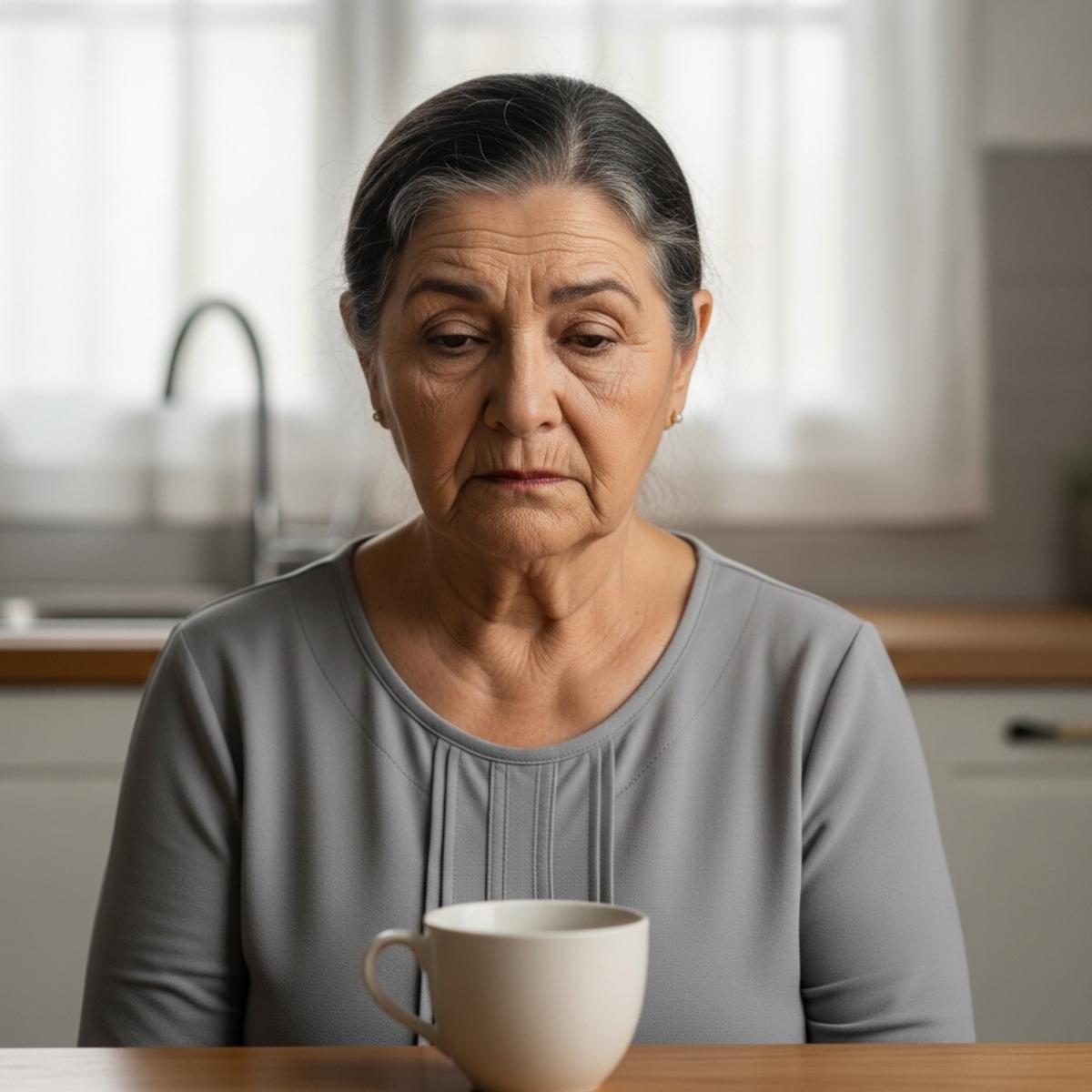 Older woman sitting at kitchen table with withdrawn expression and untouched cup of tea, waist-up centered view