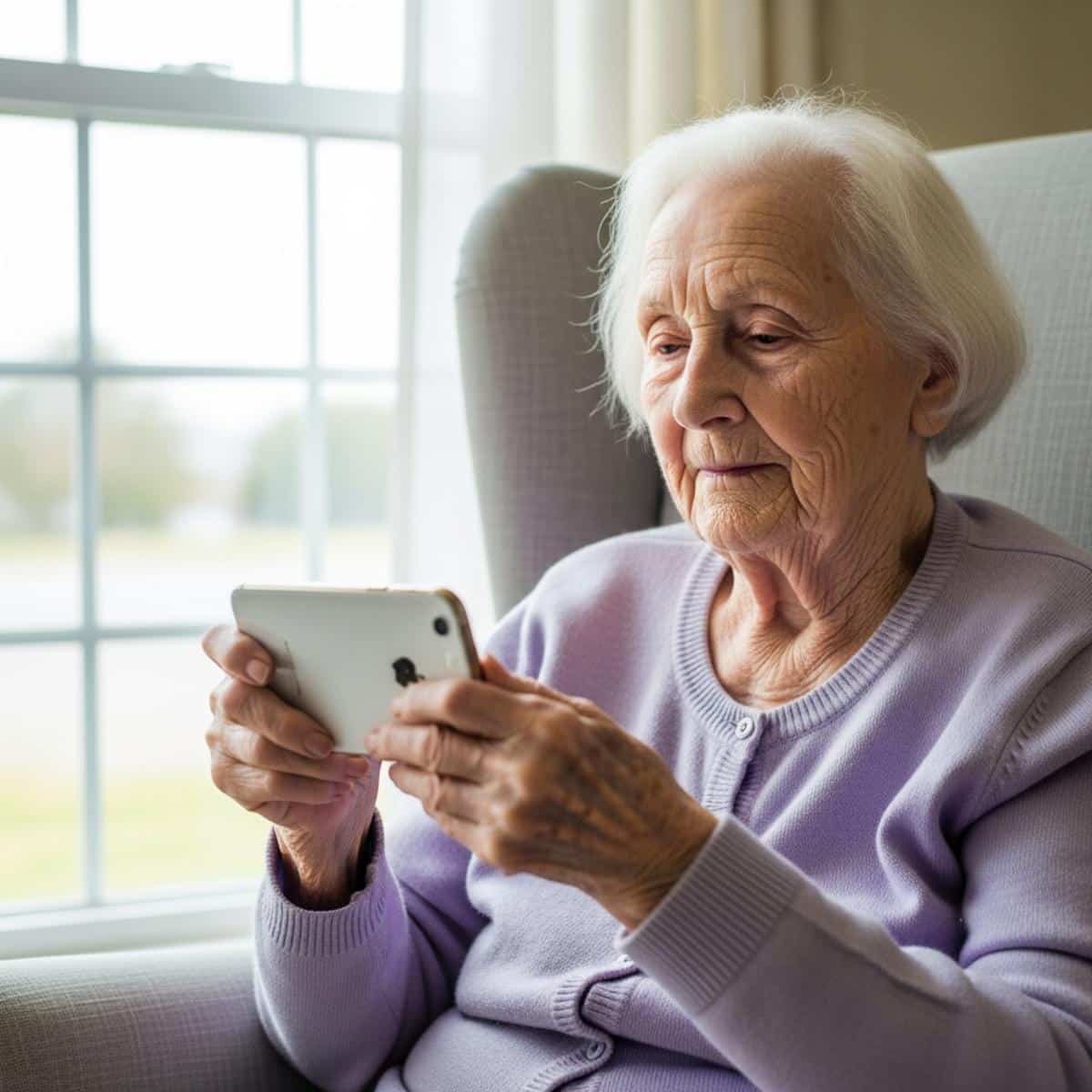 Very elderly woman in a lavender cardigan holding a smartphone near a bright window with a calm attentive expression, waist-up centered view