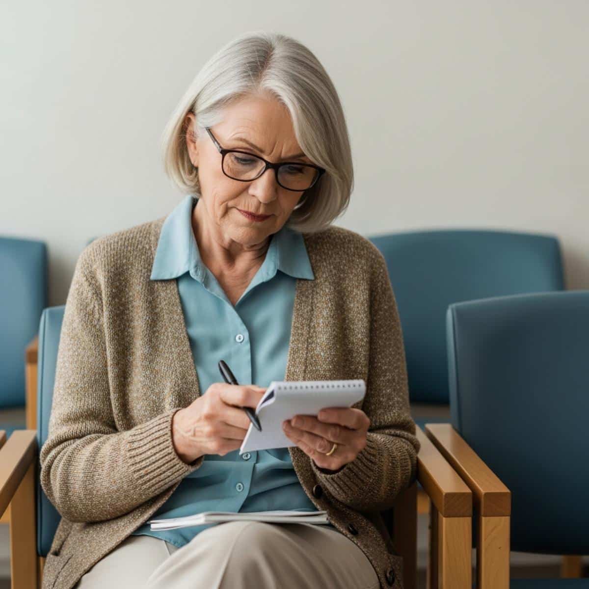 Woman in her late 60s reviewing a handwritten notepad in a medical waiting room with a focused expression, waist-up centered view
