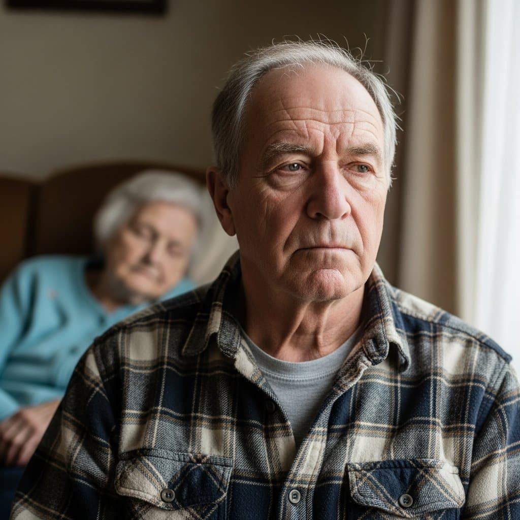 Older man sitting beside a dozing elderly woman in an armchair, his expression distant and emotionally depleted, waist-up centered view with the elderly woman softly blurred at frame edge