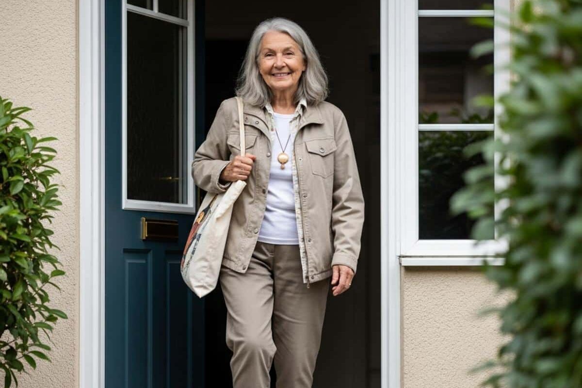 { "keyword": "how to maintain independence as you age", "prompt": "Photorealistic image of an older woman in her mid 70s stepping out her front door independently with a reusable tote bag over her arm, wearing a casual jacket, comfortable pants, and low-heeled shoes, natural gray hair loose around her shoulders, expression of easy confidence and forward momentum. Open shade outdoors with soft overcast daylight, shot on 50mm lens at f/4, candid unposed moment, shallow depth of field. Subject centered in frame filling 65% of composition, full-body view with front door partially visible behind her and tote bag clearly on her arm. No eyeglasses on subject.", "caption": "Out the door on her own terms", "alt_text": "Older woman stepping out her front door independently with a tote bag over her arm and confident expression, full-body centered view" }