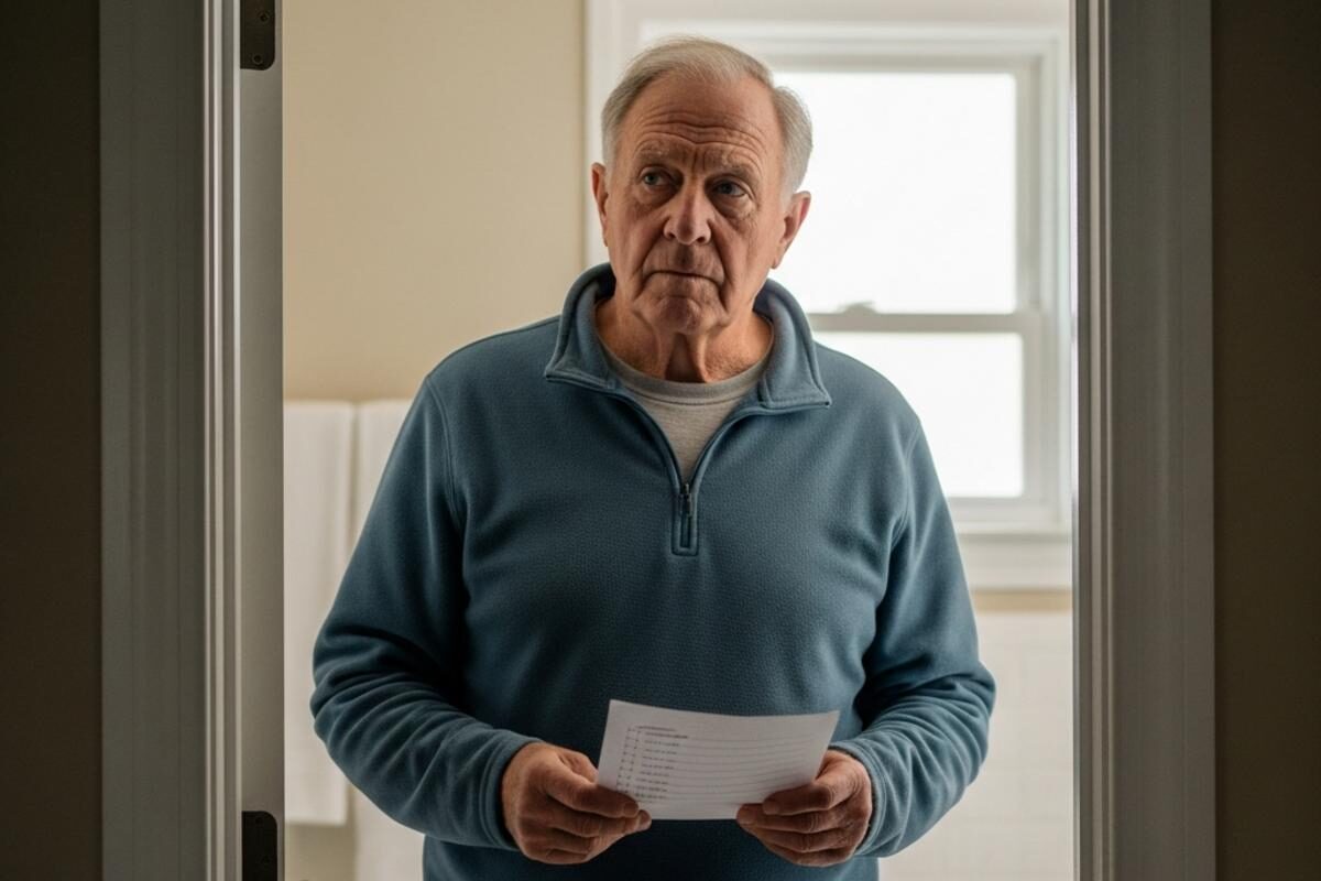 Photorealistic image of an older man in his early 70s standing in a bathroom doorway holding a small paper checklist and glancing around the room with a thoughtful evaluating expression, wearing a casual zip-up fleece and comfortable khakis, natural gray hair slightly disheveled. Soft diffused light from a nearby bathroom window casting even indirect illumination, shot on 50mm lens at f/4, candid unposed moment, shallow depth of field. Subject centered in frame filling 65% of composition, waist-up view with the bathroom doorframe and softly blurred interior visible behind him, the checklist paper held at his side with no legible text visible. No eyeglasses on subject.
