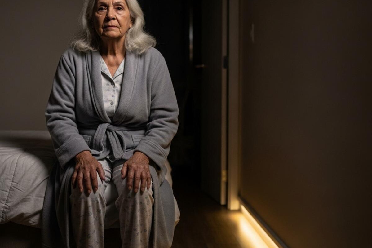 Photorealistic image of an older Hispanic woman in her early 80s pausing at the edge of her bed in the dark, hands resting on her knees, wearing a soft robe over pajamas, natural white hair loose, expression of still patient waiting as she sits upright before standing. Dim ambient light from a low floor-level nightlight casting a warm soft glow along the baseboard, shot on 85mm lens at f/3.5, candid unposed moment, shallow depth of field. Subject centered in frame filling 60% of composition, full-body view with darkened bedroom corridor visible softly behind her. No eyeglasses on subject.