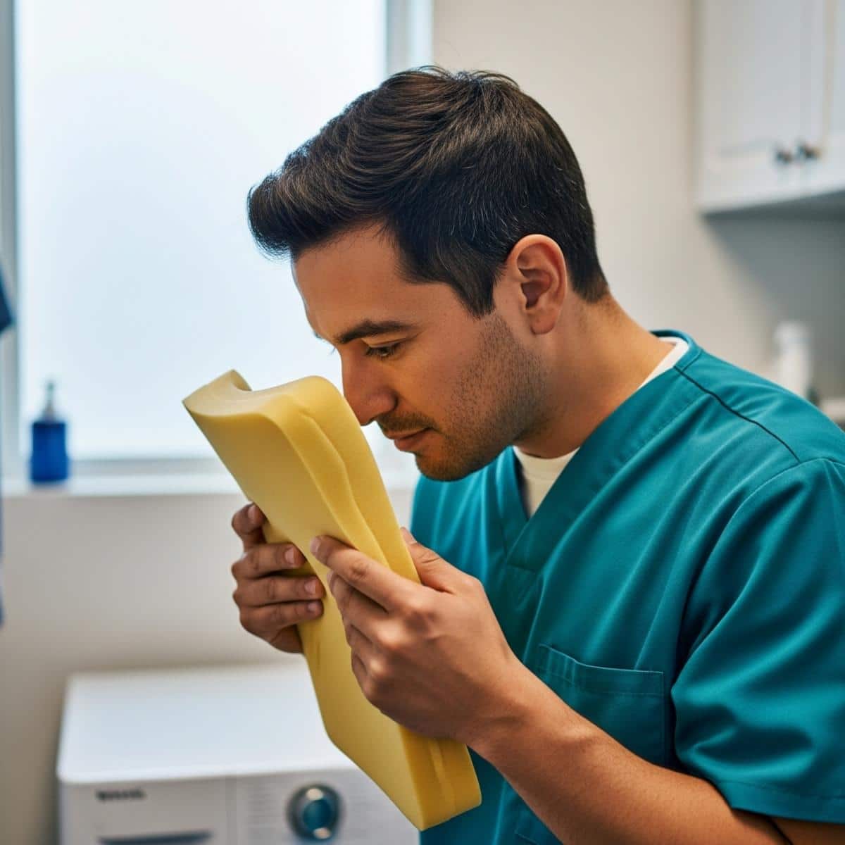 Male caregiver closely inspecting a foam wheelchair cushion for odor in a laundry room, waist-up centered view with cushion visible at chest height