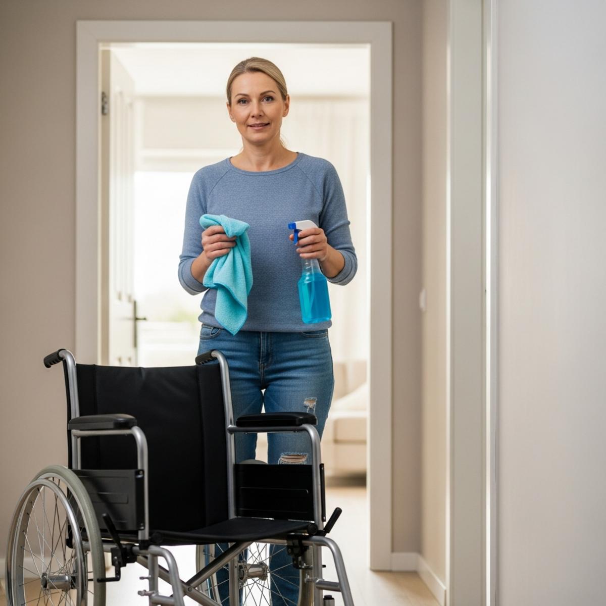 Female caregiver holding microfiber cloth and spray bottle beside an empty wheelchair in a home hallway, waist-up centered view