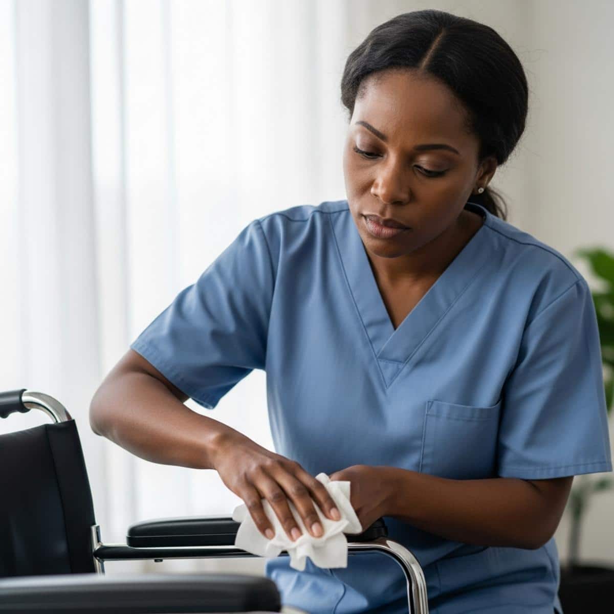 Female caregiver wiping down wheelchair armrests with a disinfectant wipe, waist-up centered view with wheelchair visible in foreground