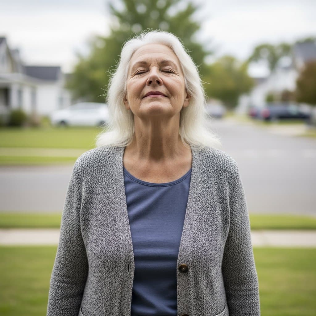 Older woman standing on a front doorstep with eyes closed and face tilted upward, taking a quiet intentional breath of outdoor air, waist-up centered view