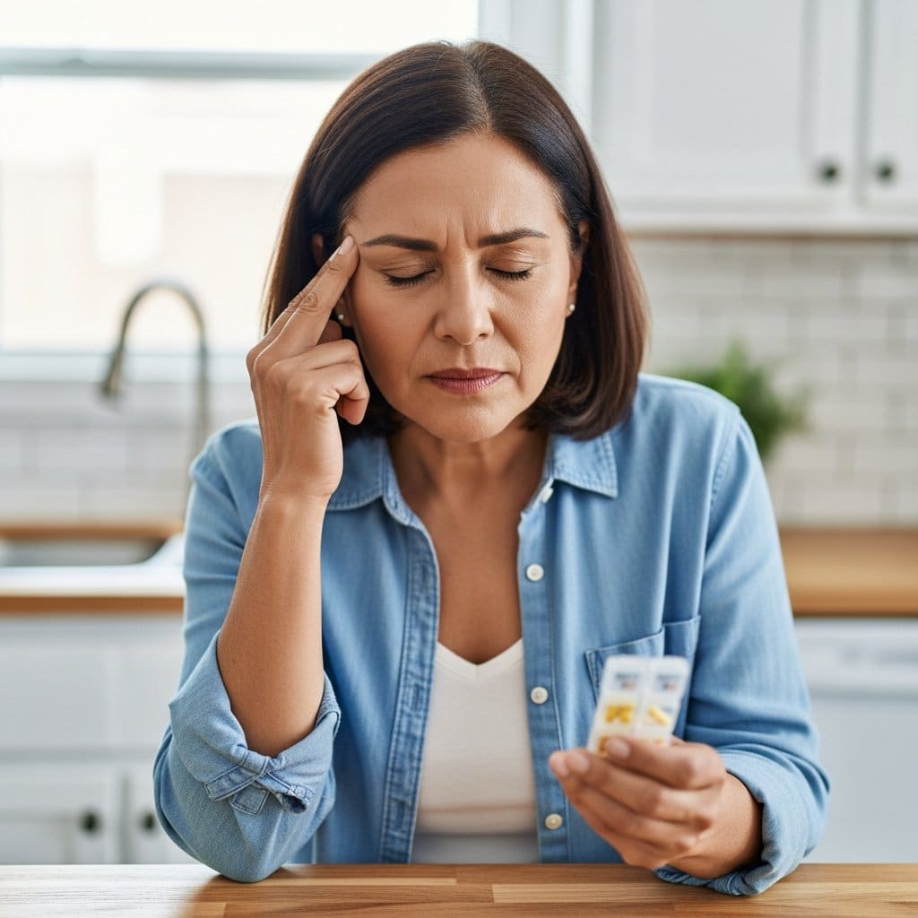 Older woman pressing fingertips to her temple with eyes closed while holding a pill organizer, standing at a kitchen counter with quiet strain, waist-up centered view