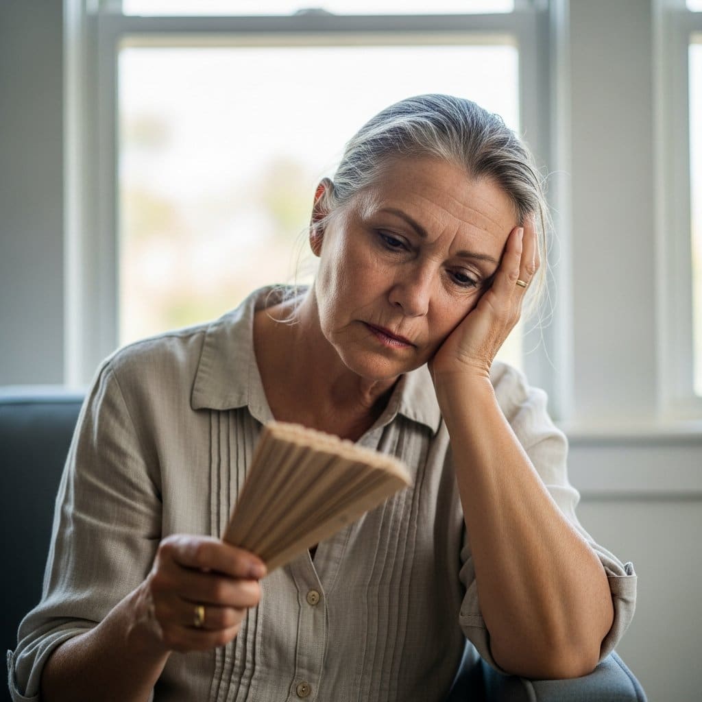 Older woman sitting near a bright summer window fanning herself with one hand and resting her head in the other, expression of low-grade heat exhaustion, waist-up centered view