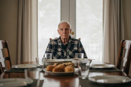 { "keyword": "social withdrawal in aging parents", "prompt": "Photorealistic image of an older man in his early 80s sitting alone at the far end of a dining room table after a family meal, dishes still present but others gone, wearing a rumpled flannel button-down, expression withdrawn and quietly absent as if disconnected from the space around him. Soft indirect natural light from a nearby window, shot on 50mm lens at f/4, candid unposed moment, shallow depth of field. Subject centered in frame filling 60% of composition, full-body view with empty chairs and blurred table setting visible around him. No eyeglasses on subject.", "caption": "Present in body, far away inside", "alt_text": "Older man sitting alone at the end of a dining room table after a meal, surrounded by empty chairs, full-body centered view" }