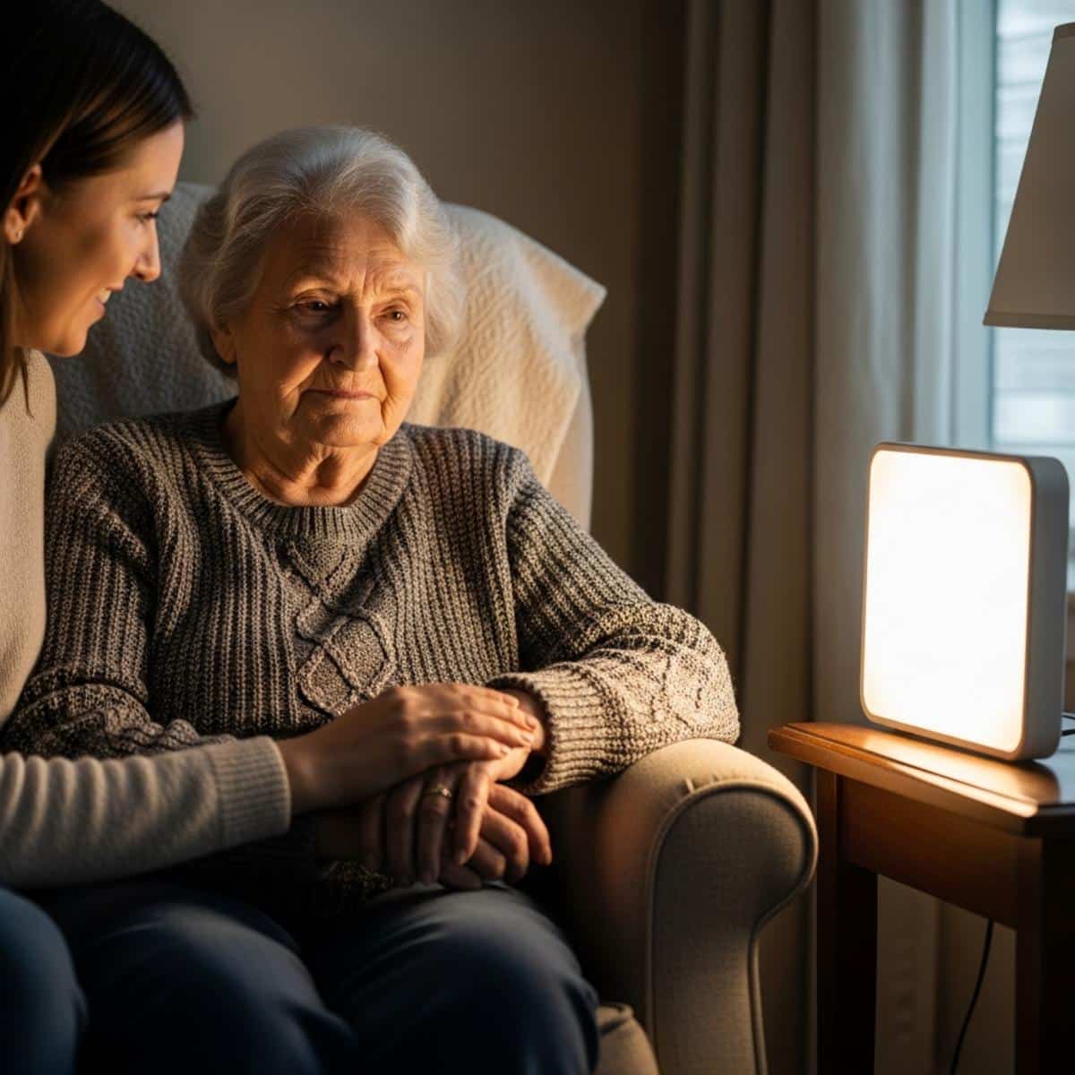 Elderly woman seated in armchair beside a light therapy lamp with a family member's hand on her arm, waist-up centered view