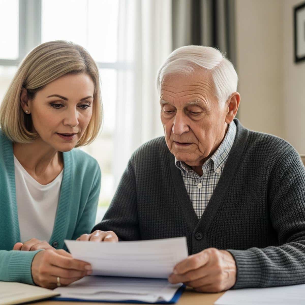 Adult daughter and elderly father seated together at a table reviewing blurred documents in a nursing home meeting room, waist-up centered view