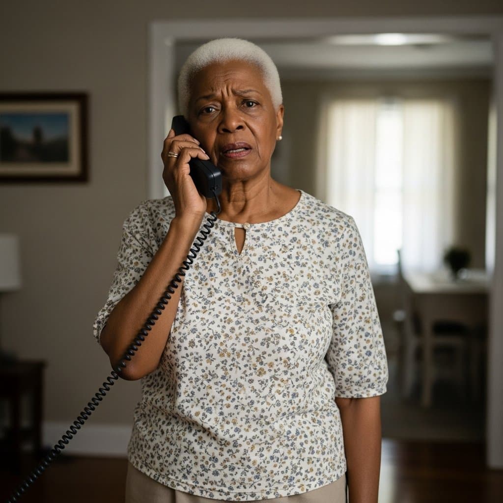 Older woman standing in a living room holding a landline phone with a guarded uncertain expression, waist-up centered view