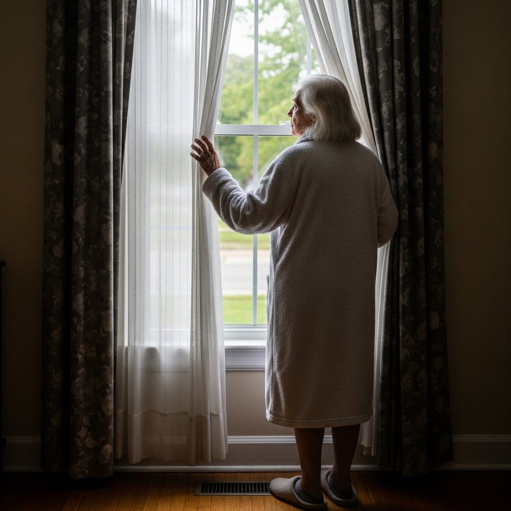 Older woman in a housecoat standing at a front window looking out at an empty street, one hand on the curtain, full-body centered view