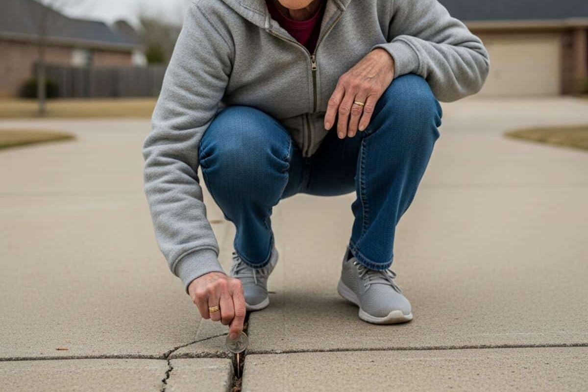 Photorealistic image of an older woman in her early 70s crouching low and pressing a quarter upright into a crack along a concrete driveway seam, wearing casual jeans and a loose zip-up jacket, expression of quiet deliberate focus. Soft indirect natural light from an overcast sky overhead, shot on 50mm lens at f/4, candid unposed moment, shallow depth of field. Subject centered in frame filling 60% of composition, full-body view with cracked concrete surface and coin clearly visible in the foreground. No eyeglasses on subject.
