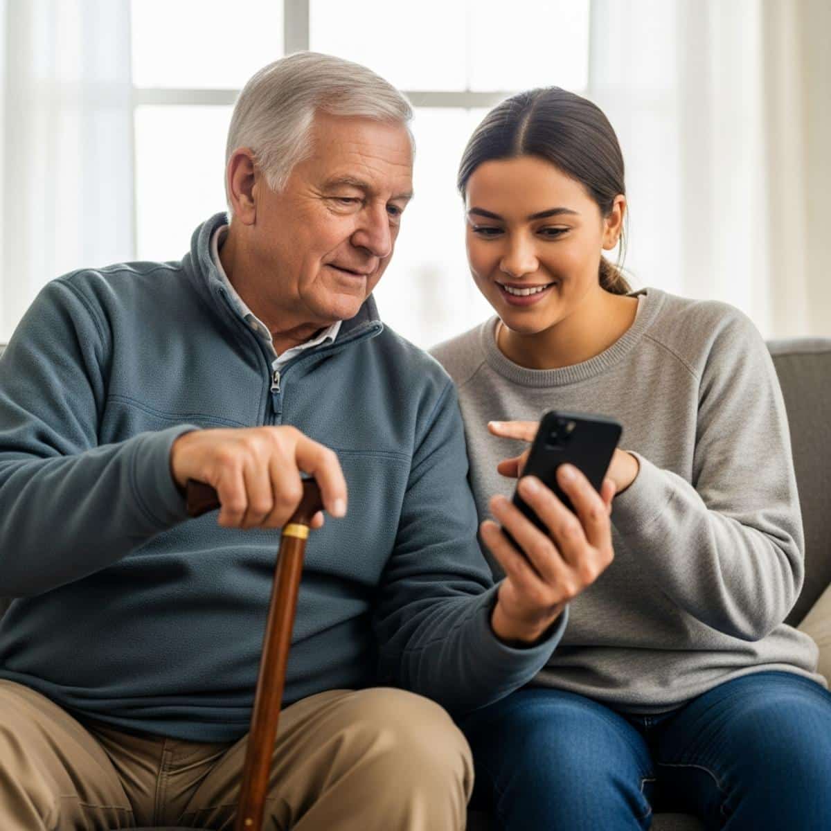 Older man with cane sitting beside a young adult grandchild looking at a smartphone together, waist-up centered view with blurred screen