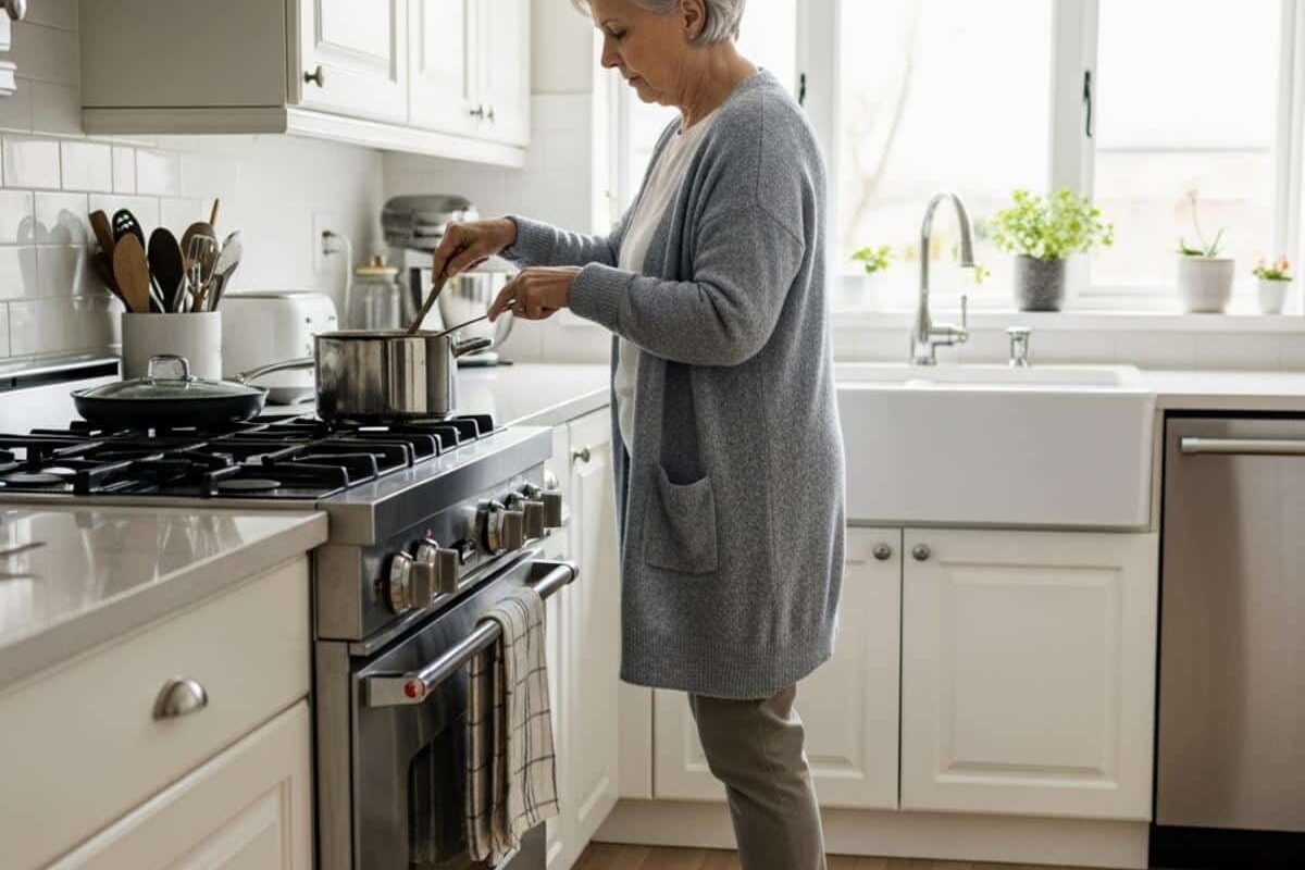 Photorealistic image of an older White woman in her mid 70s standing at a kitchen counter on a cushioned anti-fatigue mat while stirring a pot, wearing a loose comfortable cardigan and soft-soled shoes, subtle tiredness visible in her posture but still engaged with her cooking. Soft diffused overcast daylight from a window above the sink nearby, shot on 50mm lens at f/4, candid unposed moment, shallow depth of field. Subject centered in frame filling 65% of composition, full-body view with the mat clearly visible beneath her feet and stovetop in the background. No eyeglasses on subject.