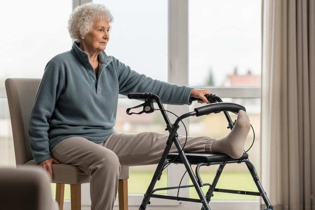 Photorealistic image of an older woman in her mid 80s using a walker positioned in front of her for safety while seated at the edge of a chair with one leg extended straight, heel on the floor in a seated hamstring stretch, wearing a soft fleece pullover and elastic-waist trousers, short white curly hair, expression of gentle concentration. Soft overcast daylight from a large living room window, shot on 50mm lens at f/4, candid unposed moment, shallow depth of field. Subject centered in frame filling 65% of composition, full-body view with walker and extended leg both clearly visible.