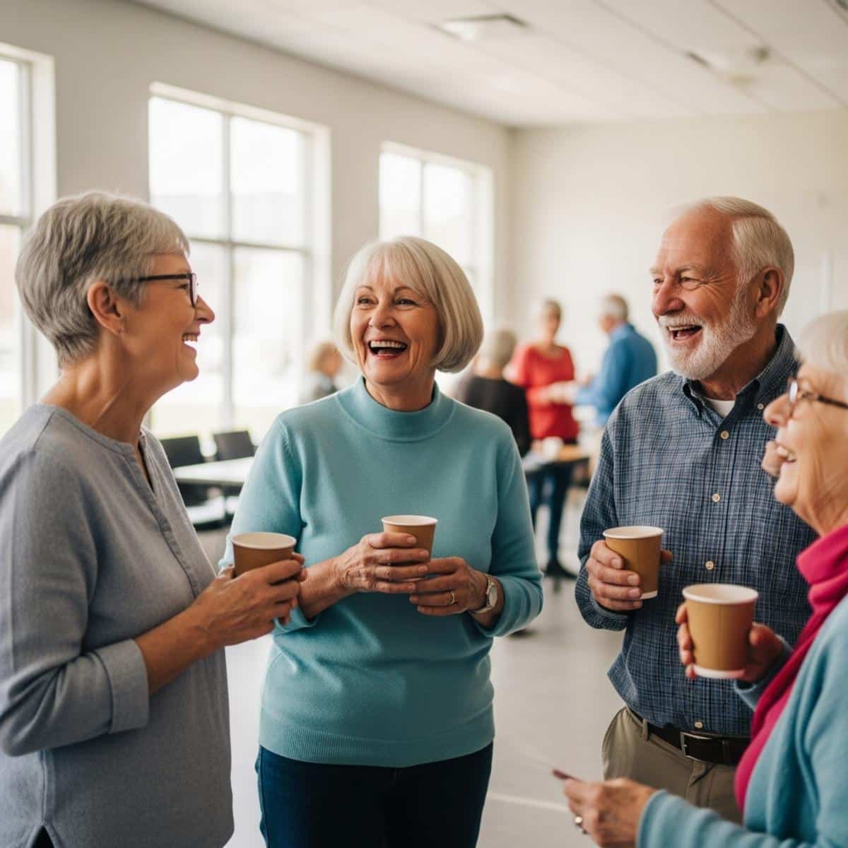 Three older adults laughing together over coffee cups in a fellowship hall, waist-up centered group view