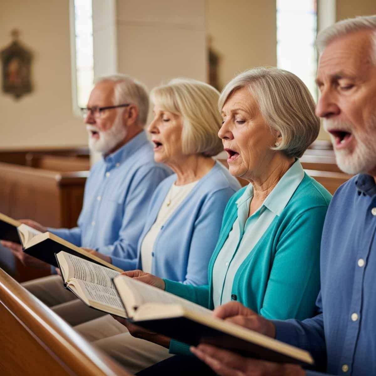 Four older adults seated in church pews singing from open hymnals, waist-up centered group view