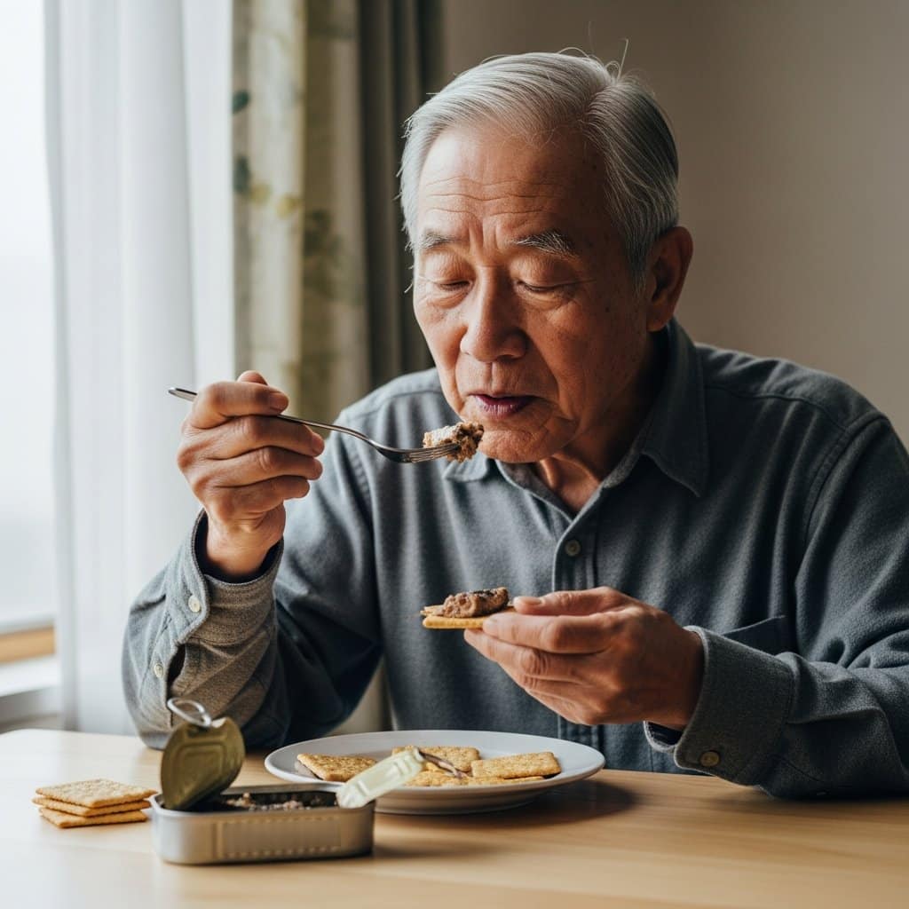 Older man eating sardines on crackers at a small dining table, waist-up centered view